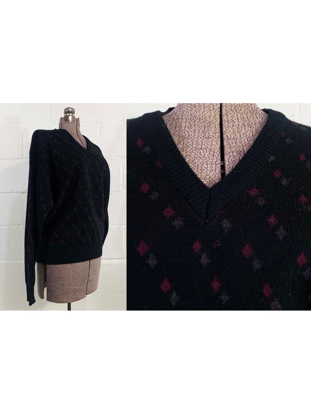 Wool Blend V Neck Sweater 1980s Italian Pullover L/XL)